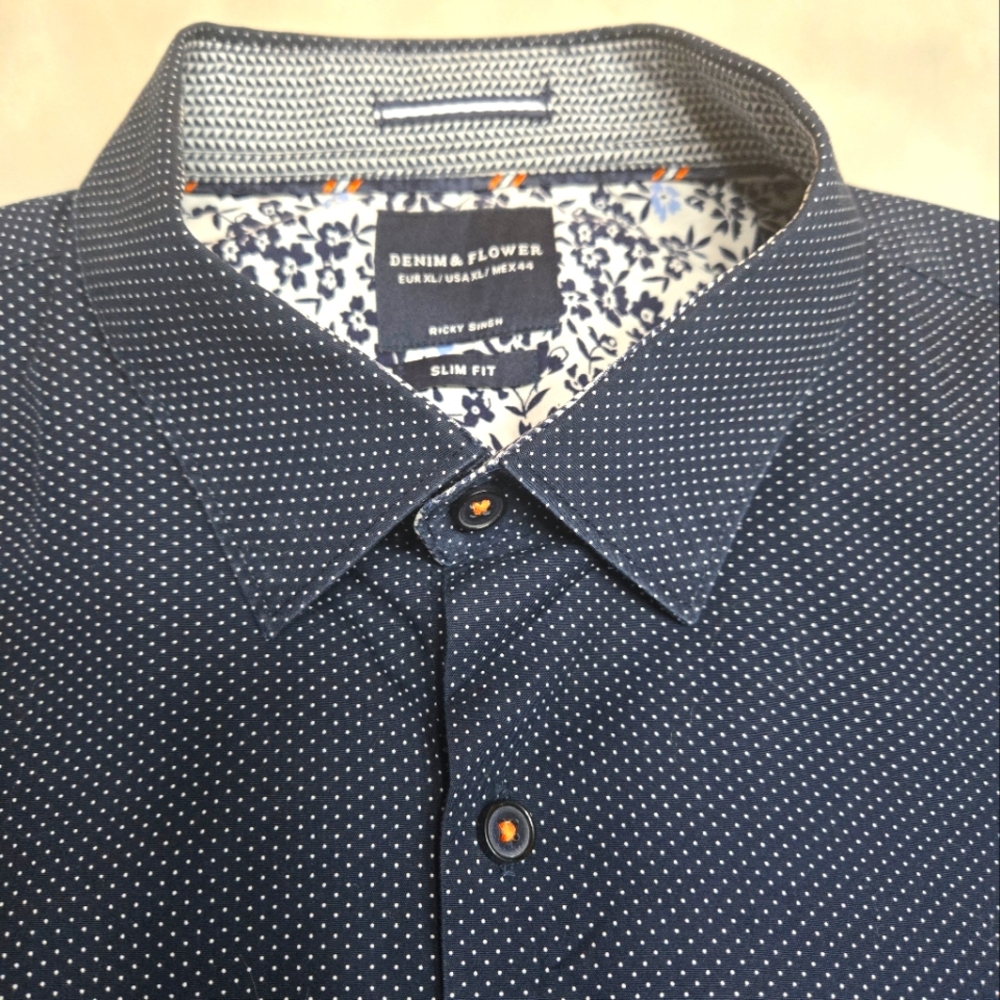 Denim & Flower Slim Fit Navy print Weekend Shirt. Size XL
